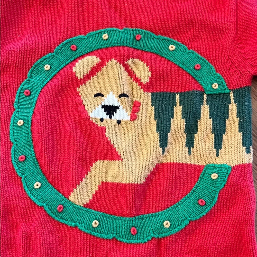 Nieman Marcus Red Christmas Holiday Sweater with Tiger in Wreath Cotton 2/3